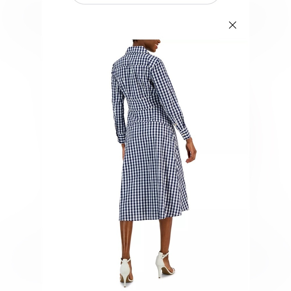 NWT Tahari Navy & White Gingham Long Sleeve Shirt Dress - Picture 7 of 15